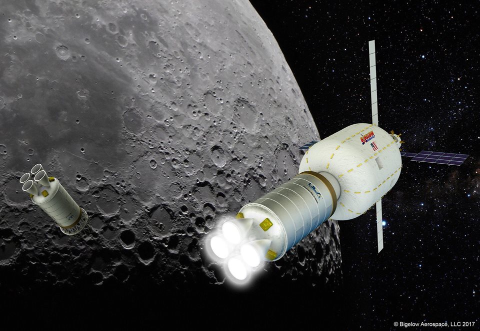A privately built space station could be in lunar orbit by 2020 to serve as a refueling depot for other spacecraft as depicted in this artist's illustration from space-habitat manufacturer Bigelow Aerospace.